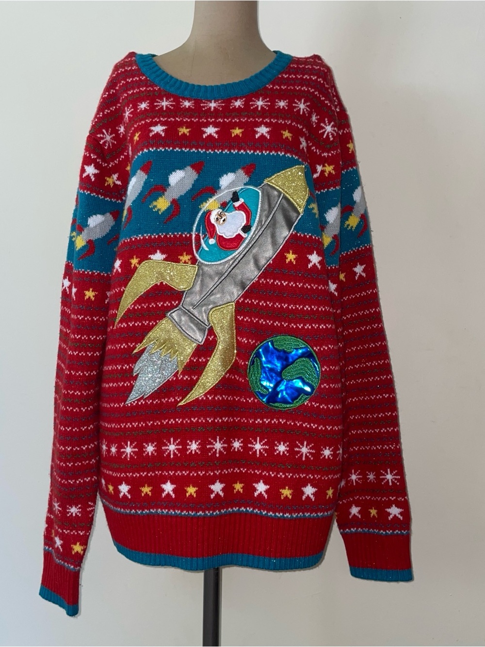 Men's Red Santa Rocket Crewneck Holiday Sweater